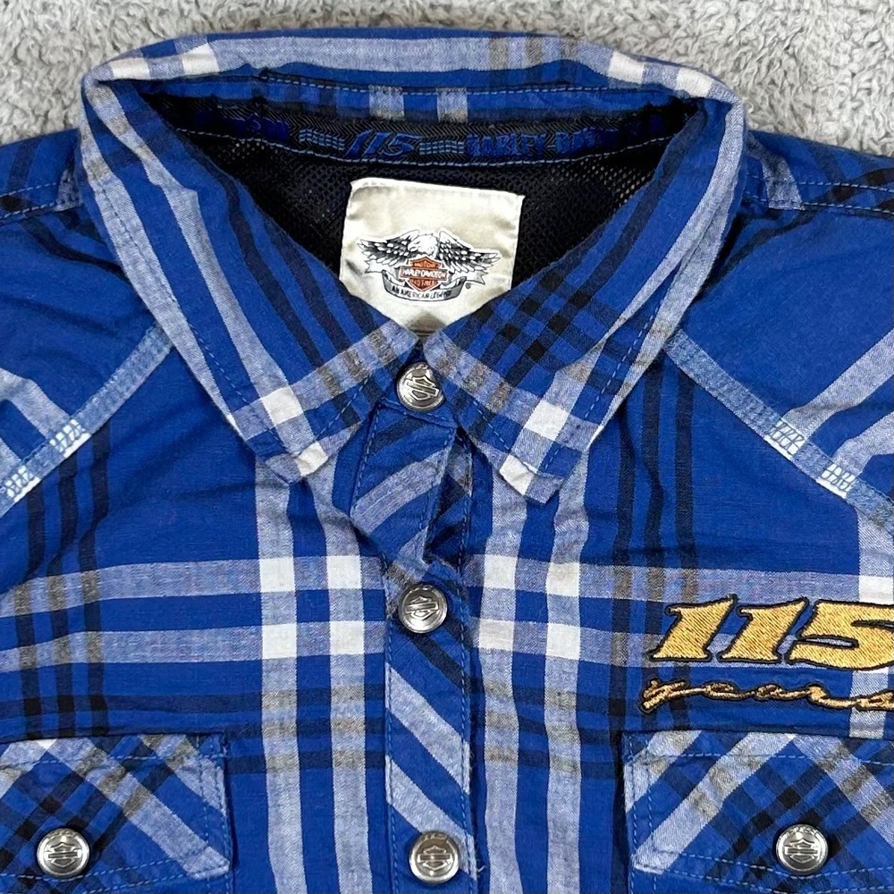Harley-Davidson 115th Anniversary Blue Plaid Eagle Graphic Shirt Womens XL